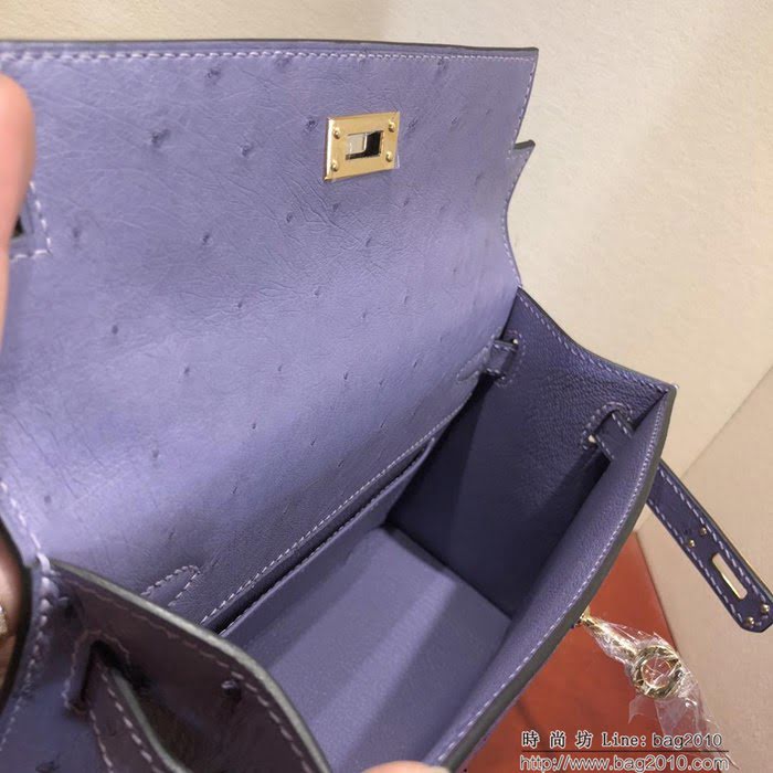 HERMES愛馬仕 凱莉包 Mini Kelly pochette金扣 薰衣草紫 純手縫蠟線配上豬鼻子鏈 斜挎包  Ama1184